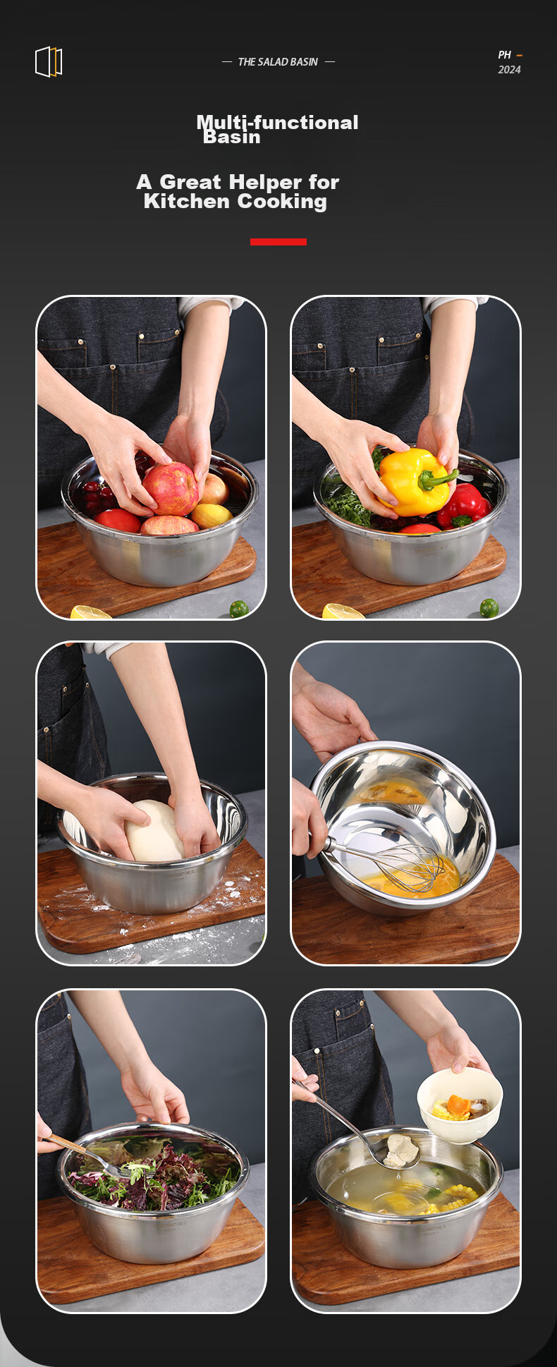 Кухонная миска Newair из толстой нержавеющей стали, для дома, для выпечки, для смешивания, для замешивания теста, для супа и мытья овощей, 24 см