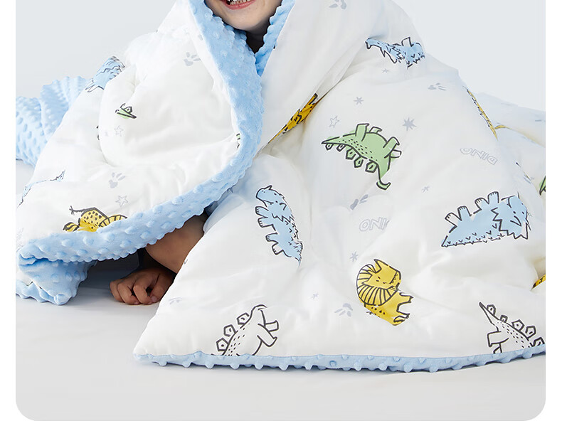 Детское одеяло-плед MERCURY Kids из чистого хлопка, гипоаллергенное, антибактериальное, для весны и осени, с точечным узором (Динозавр/Мягкий синий), 120x150 см, стирающееся