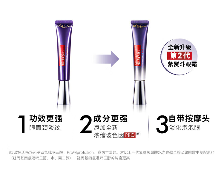 欧莱雅紫熨斗眼霜2.0 30ml按摩头提拉紧致抗皱淡化细纹护肤品女神节礼物