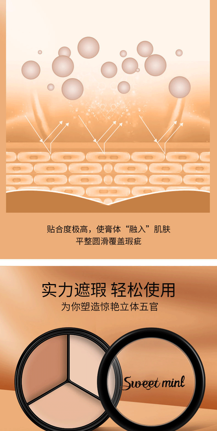 BAINHR三色遮瑕膏多功能盘遮盖斑点痘印黑眼圈遮瑕泪沟不卡纹 三色遮瑕
