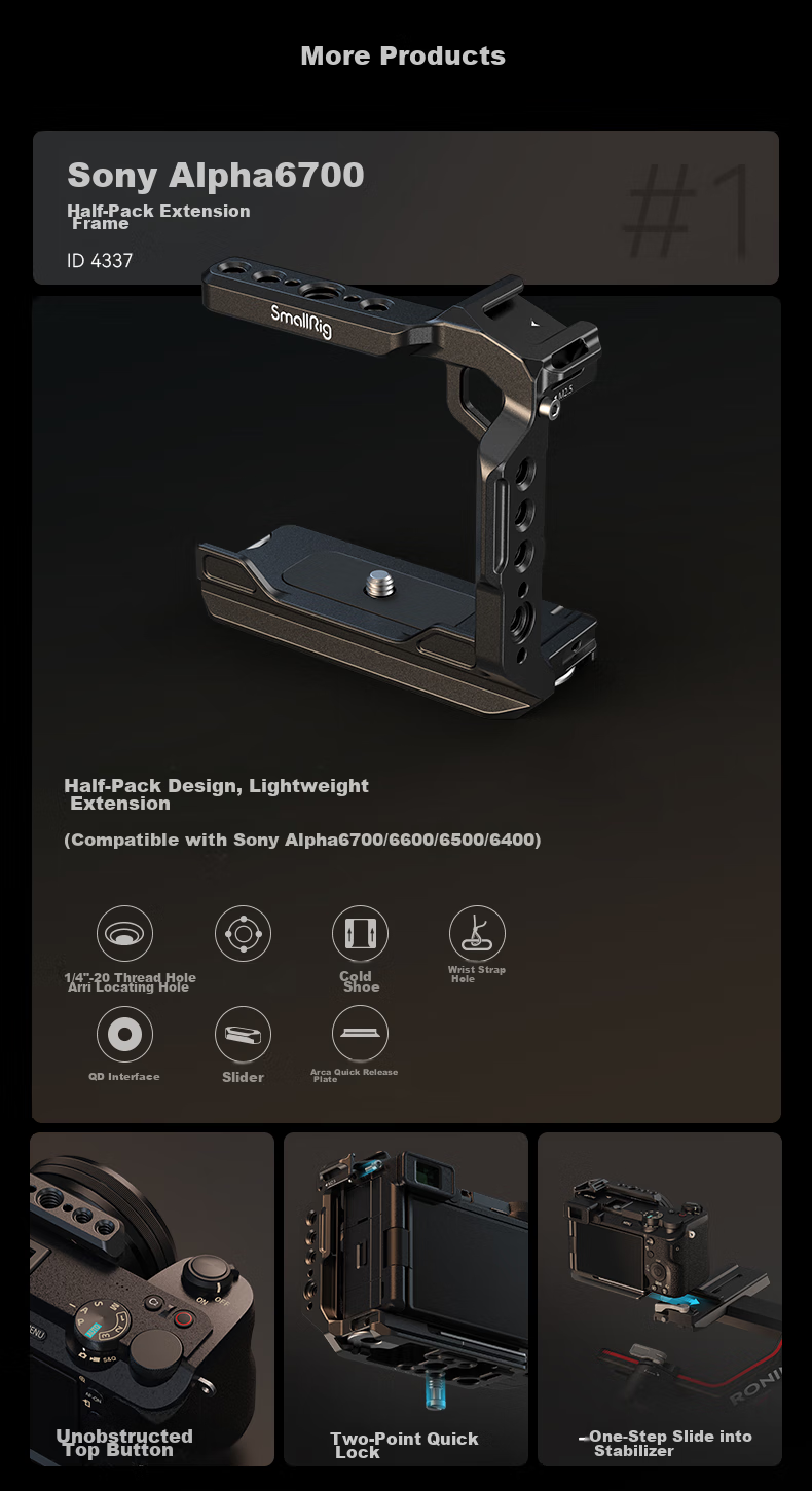 SmallRig 4338 - это база для камеры Sony A6700, которая обеспечивает расширение функционала для фото- и видеосъемки. Она совместима с камерами Sony Alpha 6700, 6600, 6500 и 6400, предлагая надежное крепление и удобство использования. Аксессуар изготовлен из прочного алюминиевого сплава, что гарантирует долговечность и надежность.