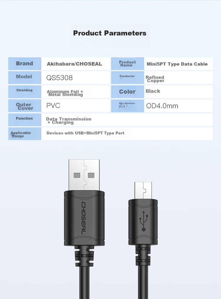Кабель CHOSEAL USB 2.0 Type-A - Mini USB, 1 метр, черный