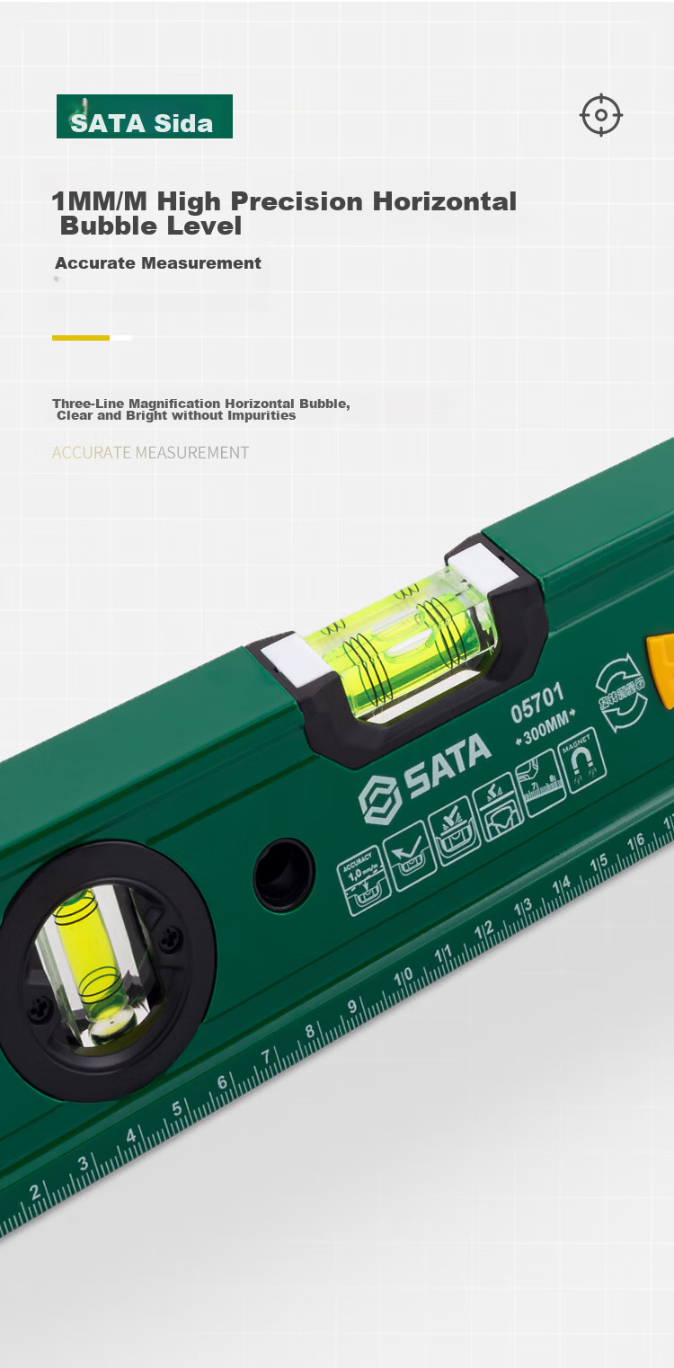 Строительный уровень SATA 05701, 300 мм, магнитный, алюминиевый сплав, высокоточный, с пузырьковым индикатором