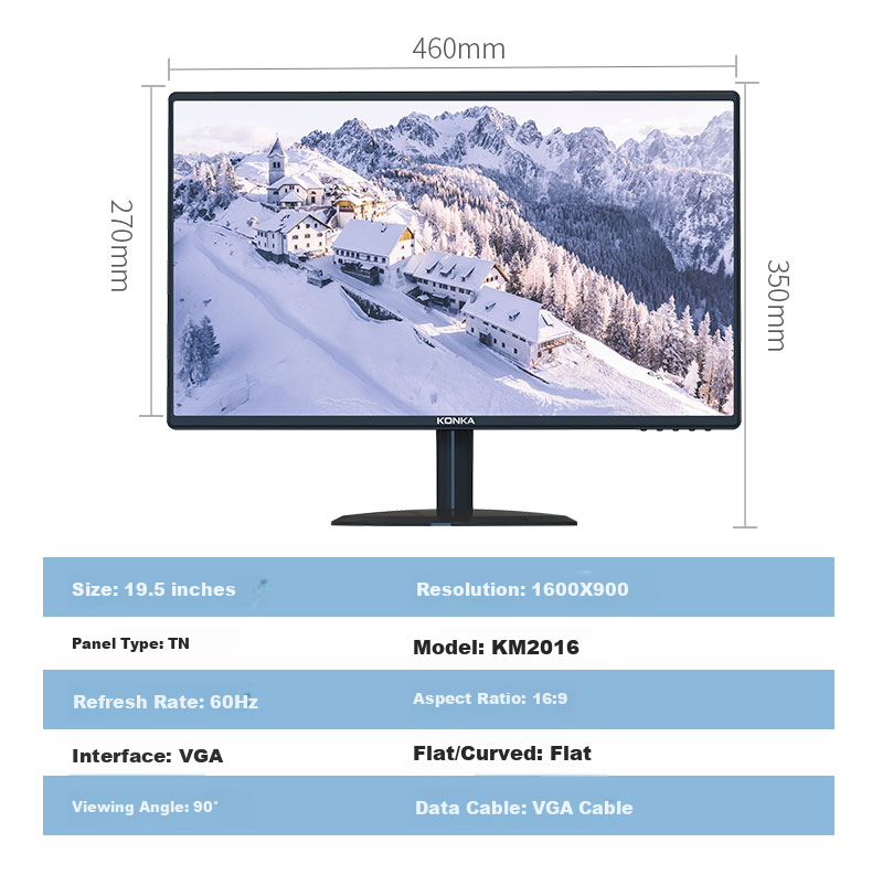 Монитор KONKA KM2016, 19.5 дюймов, разрешение 1600x900, TN, 60 Гц, 16:9, VGA, плоский, черный