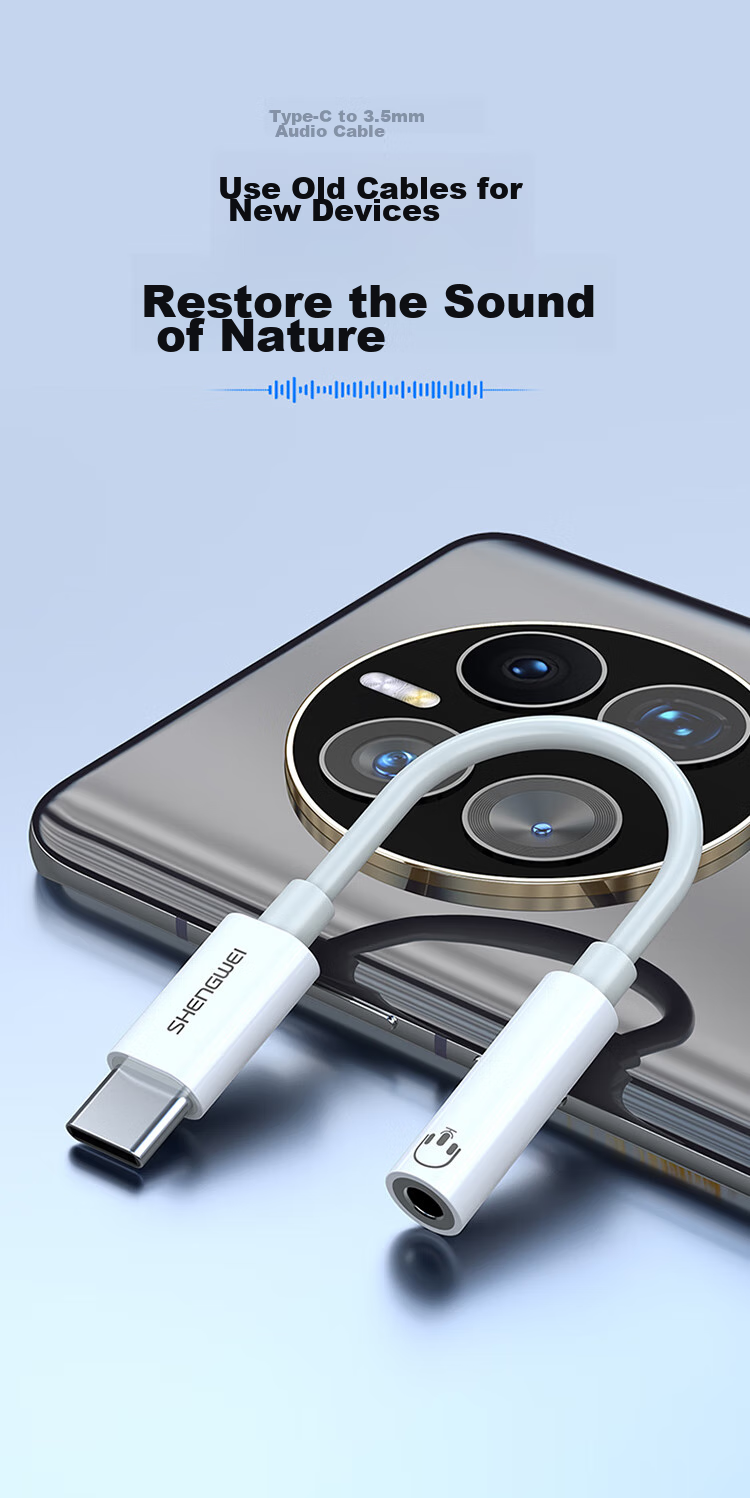 Адаптер Shengwei Type-C на 3.5 мм для наушников, для музыки, голосовых вызовов, микрофона с регулировкой громкости для Apple 17/16/15, Huawei, Xiaomi, Android телефонов и ноутбуков ETD0002H