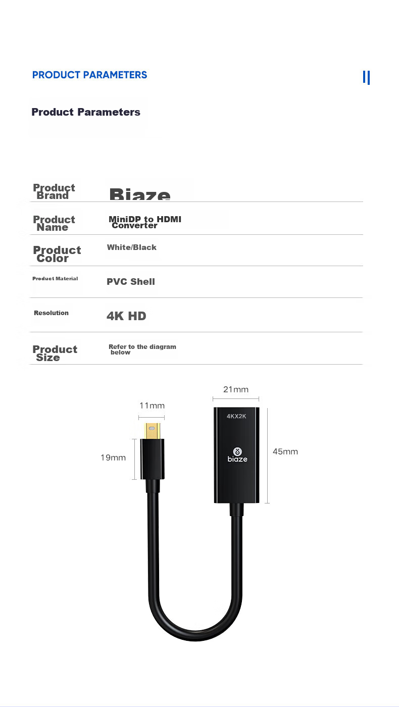 Переходник BIAZE Mini DP на HDMI, Thunderbolt 2 Male to Female, 4K Mini DP HD Адаптер для Apple MacBook, Surface, мониторов, проекторов