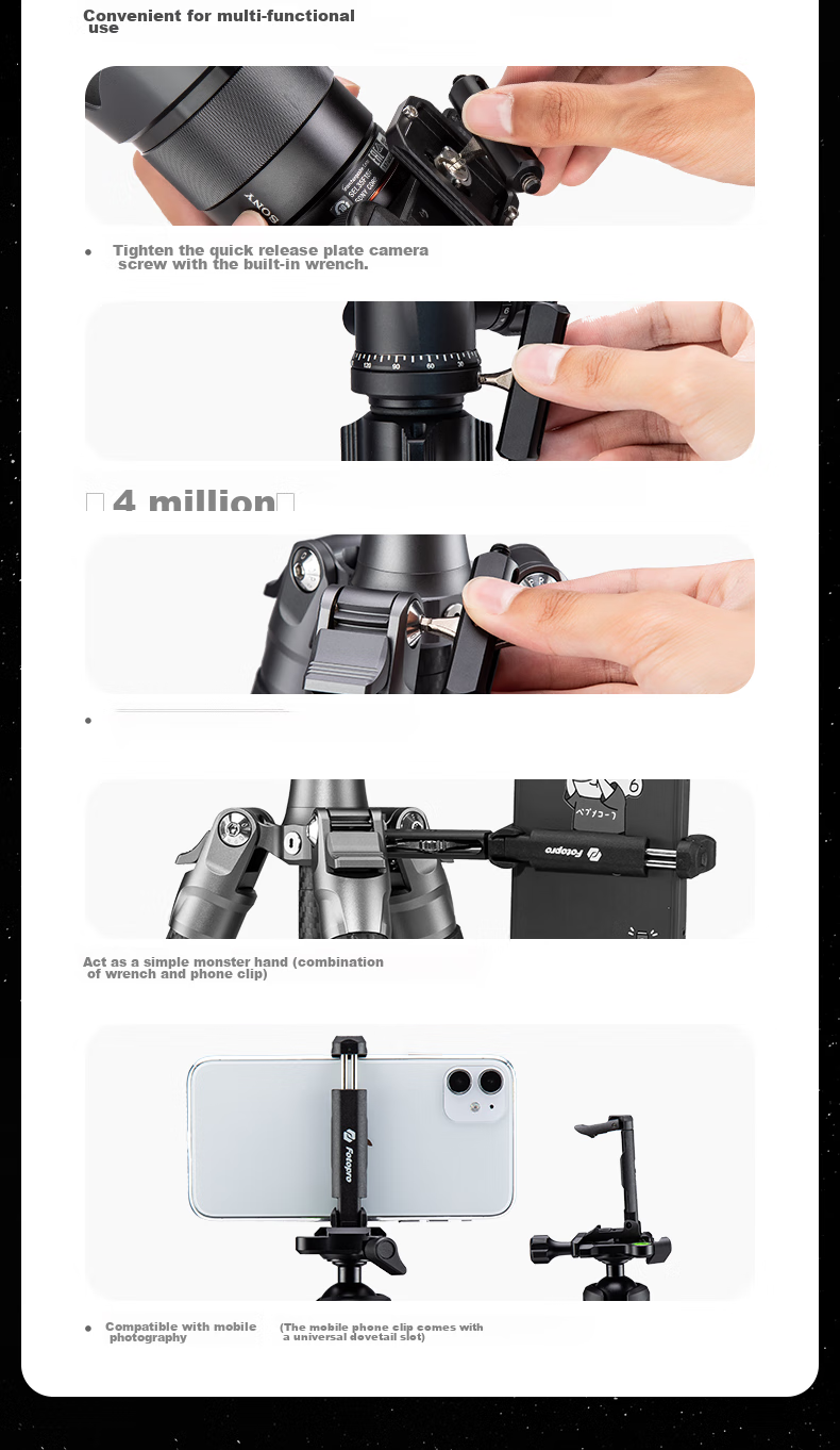 Штатив Fotopro MG4 Dual Panoramic Ball Head, 3K Carbon Fiber Professional DSLR Mirrorless Camera Photography And Videography Tripod Head, with Phone Clamp, Orange