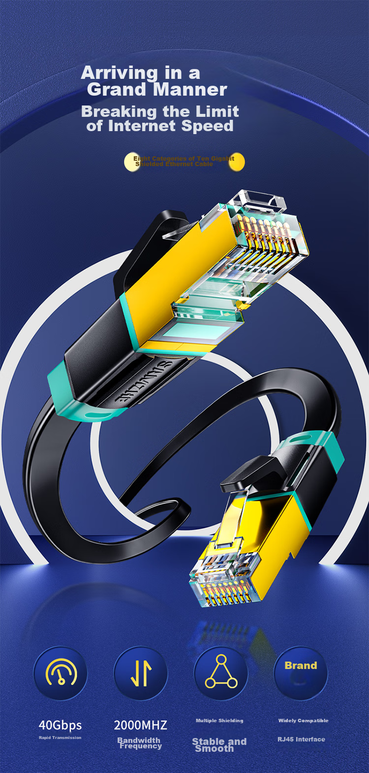 Сетевой кабель SAMZHE CAT8, 10 Gigabit Ethernet, плоский патч-корд, чистая медь, двойное экранирование, 8-жильный витой кабель, для компьютера и широкополосного подключения, черный, 2 метра, BX8020H
