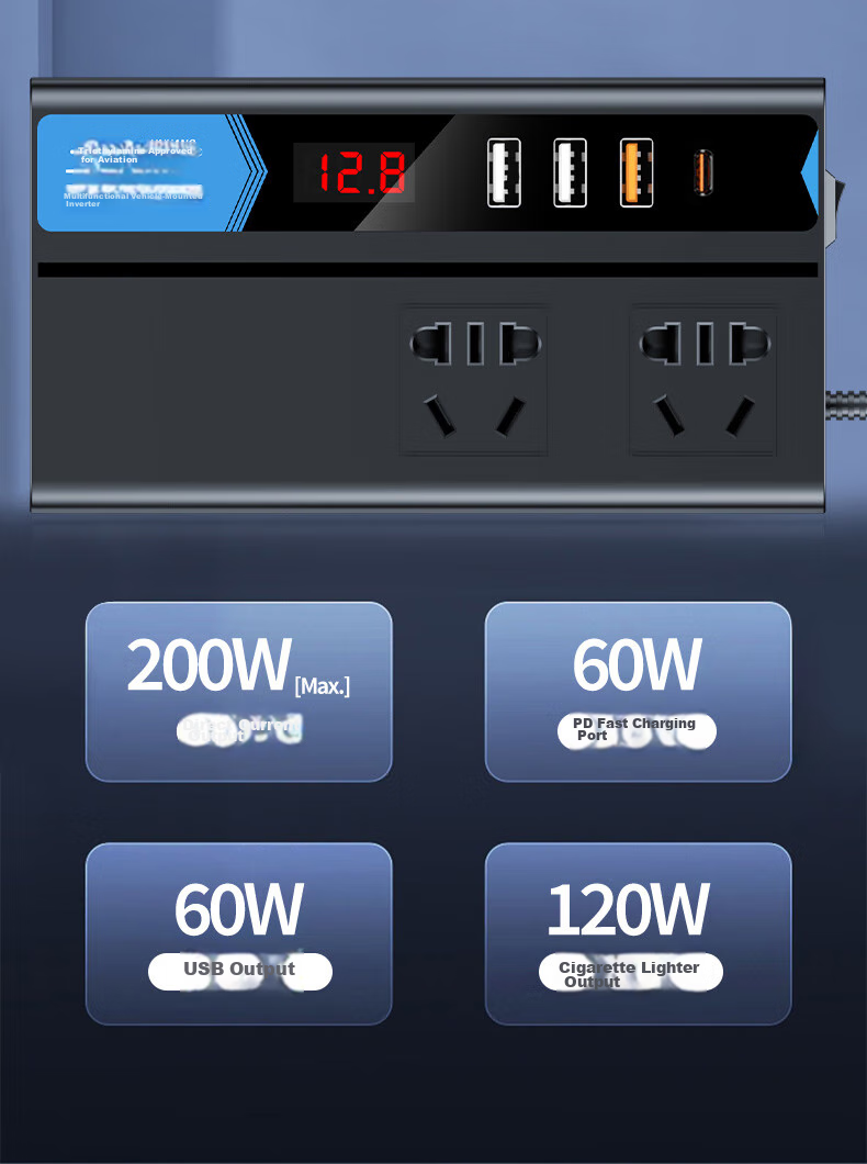Автомобильный инвертор Zhunhang, 12V/24V в 220V, 200W, с USB-портами и дисплеем, квадратная волна