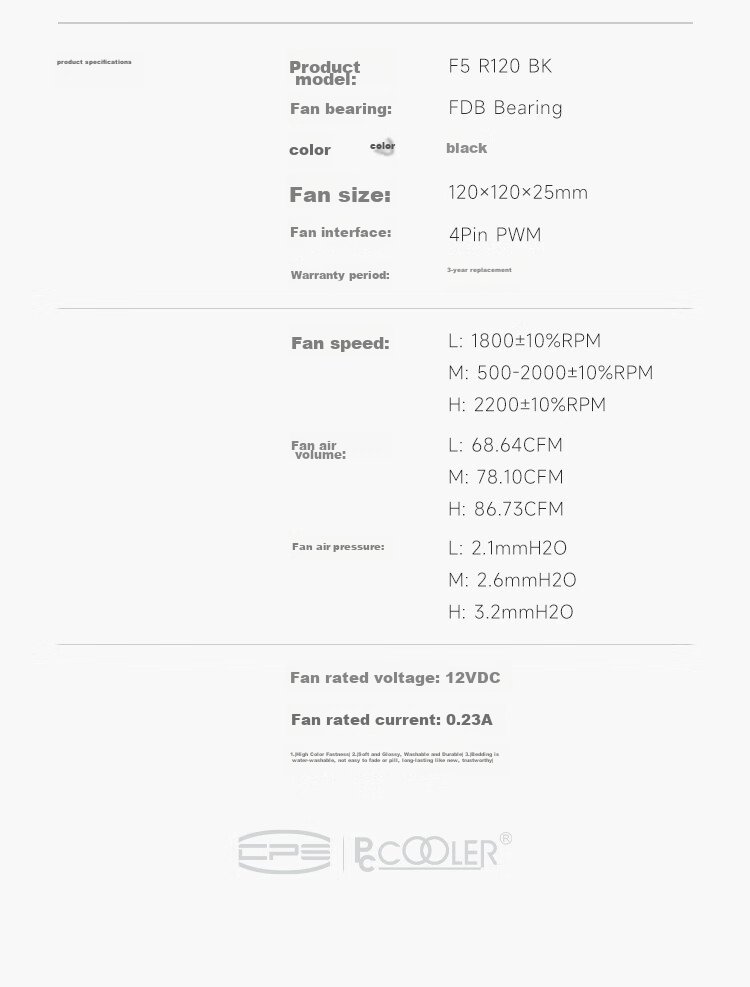 Компьютерный вентилятор PCCOOLER F5R120BK, 120мм, FDB подшипник, 3-скоростной PWM, без подсветки