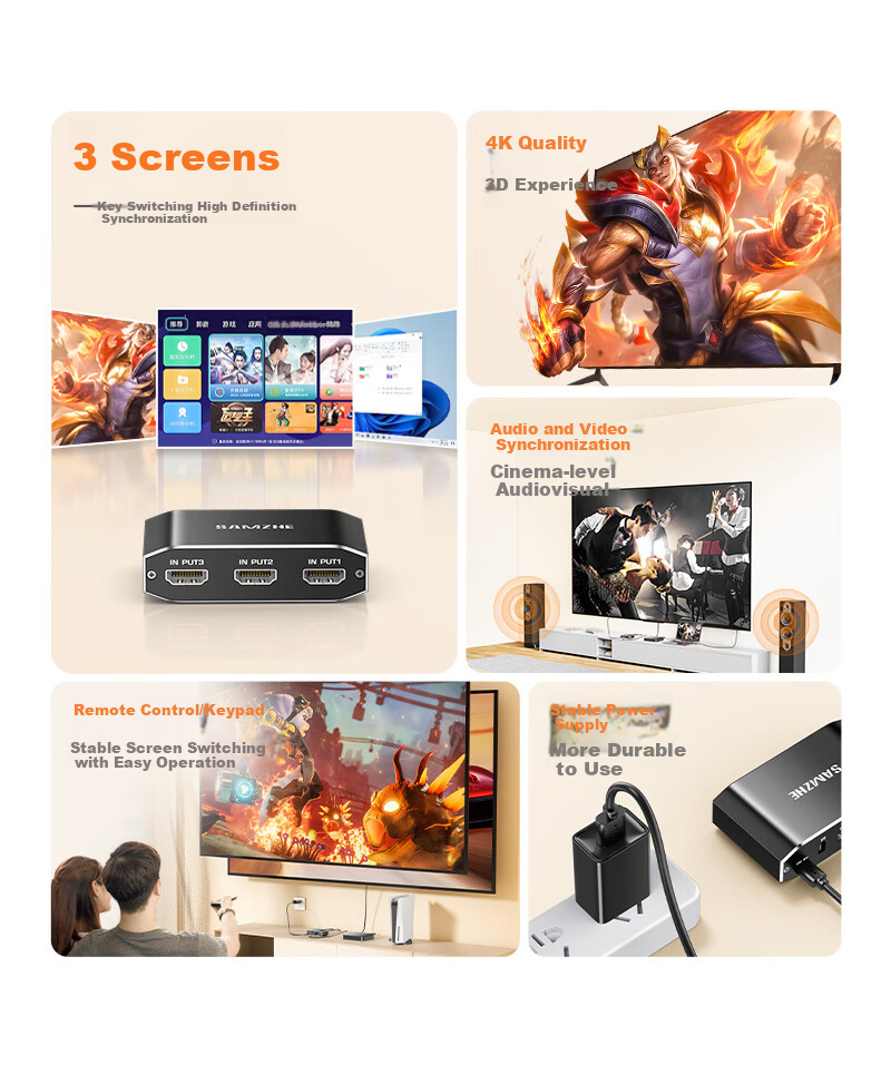 HDMI сплиттер SAMZHE QH31, 3 входа, 1 выход, 4K@60Hz, HD видео, для ноутбука, монитора, ТВ, проектора