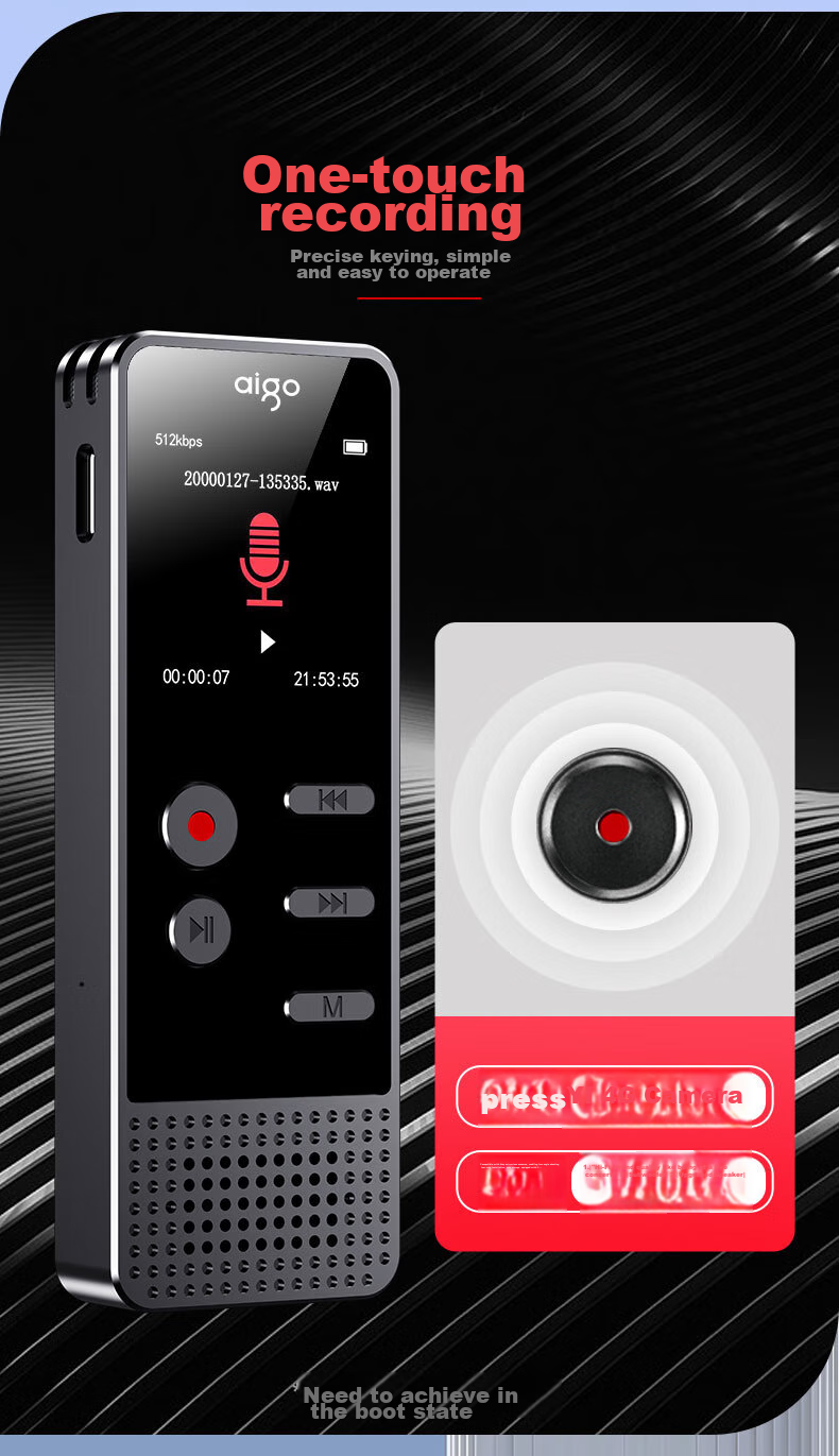 Диктофон Aigo R3377, 16 ГБ, с записью одной кнопкой, управлением голосом, профессиональным шумоподавлением, 100 часов записи