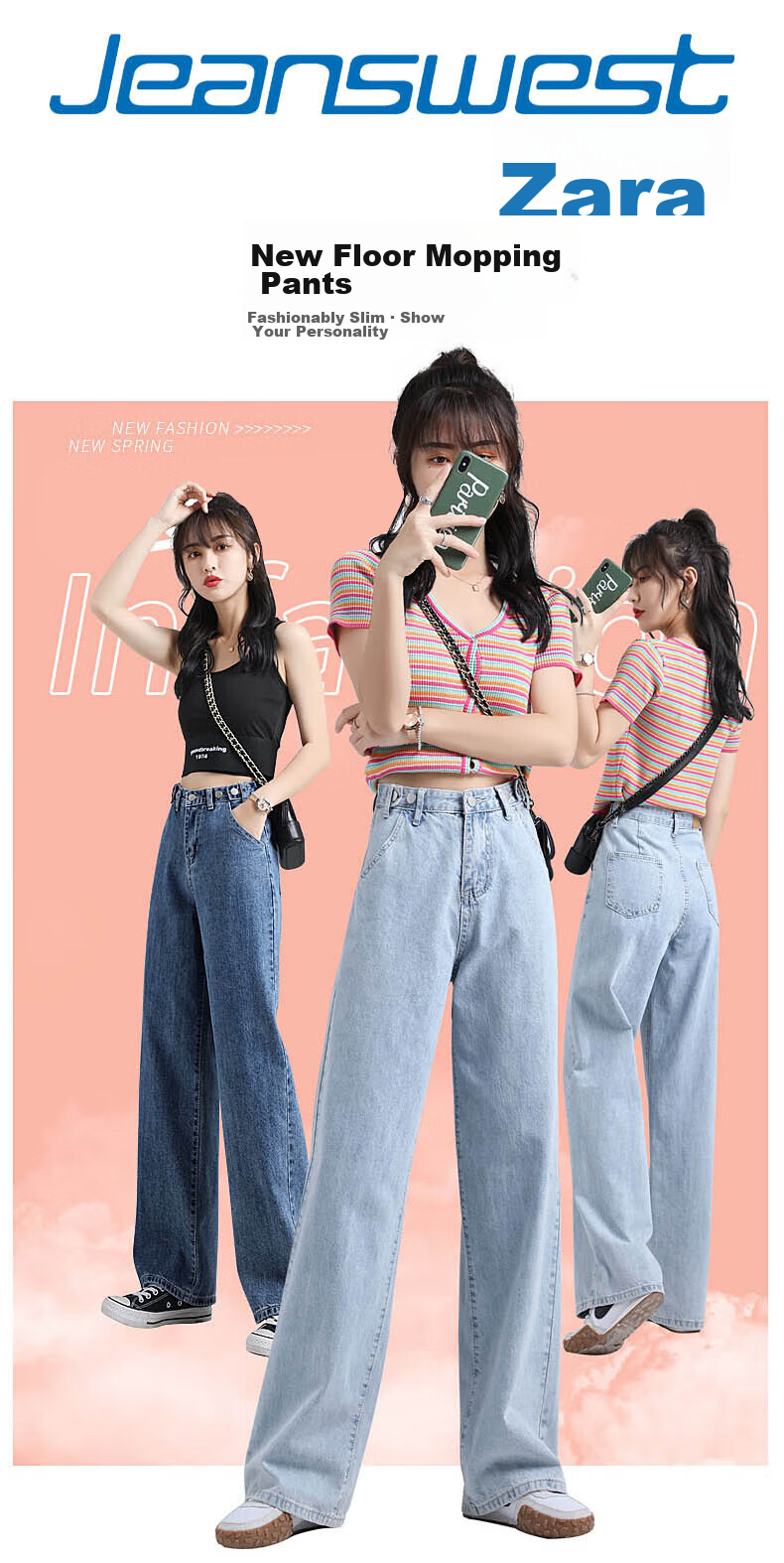 Джинсы Jeanswest Женские, 2025 Осень, Широкие штанины с высокой талией, Модные свободные брюки, Темно-синие, Размер XL