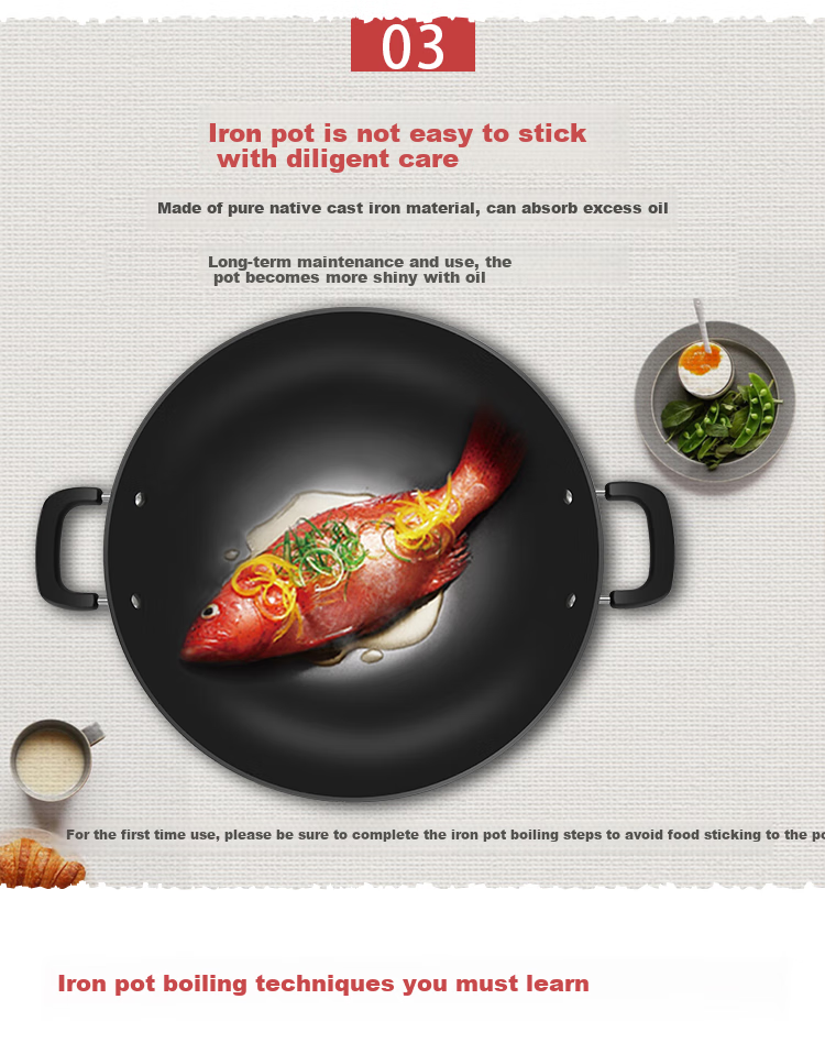 Чугунный вок COOKER KING C40D2, 40см, без покрытия, с двумя ручками, для индукционных плит