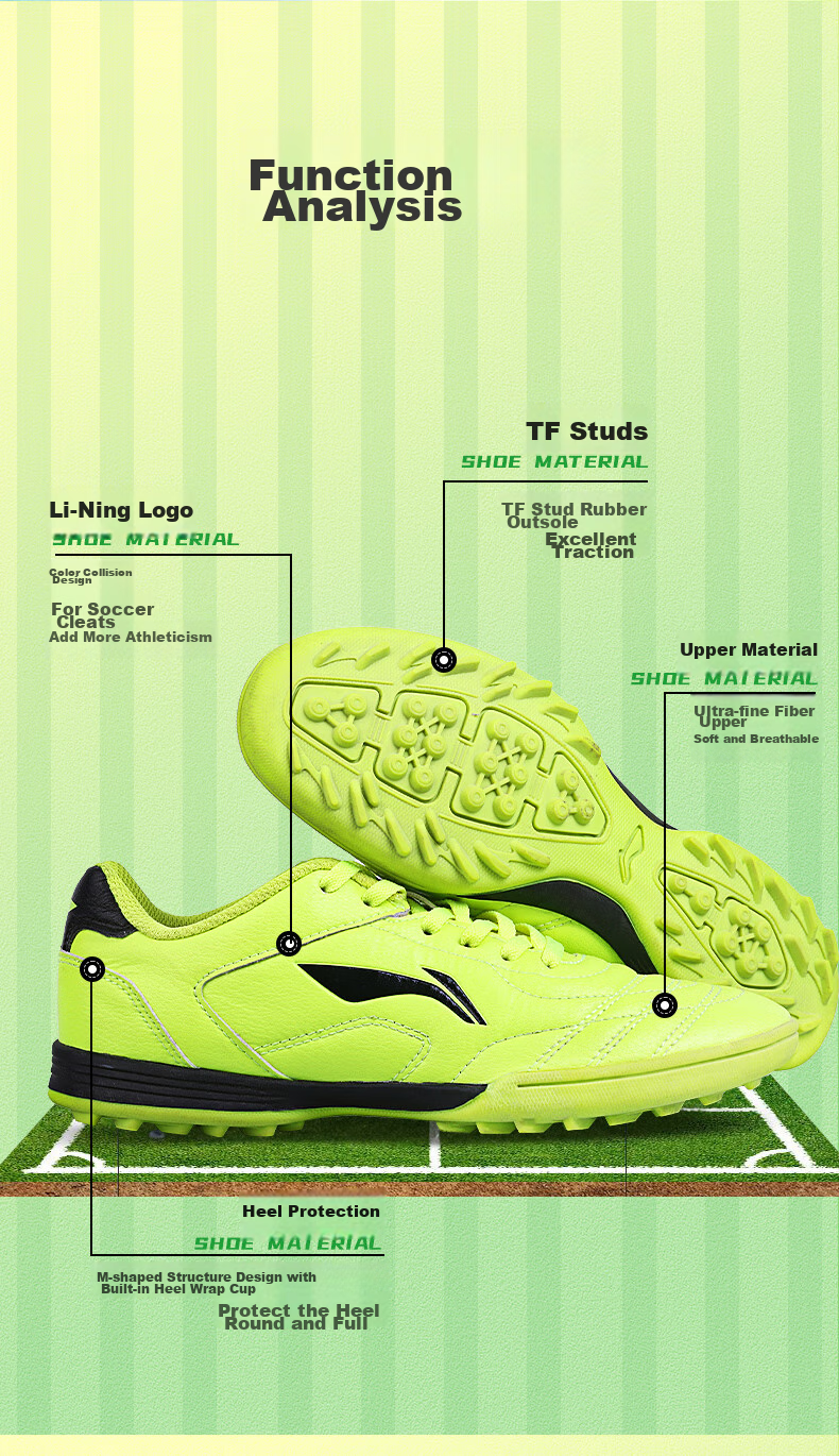 Футбольные бутсы Li-Ning для мужчин и женщин, с шипами TF для искусственного газона, профессиональные соревновательные и тренировочные бутсы для взрослых, подростков, школьников и детей, зеленые, размер 43