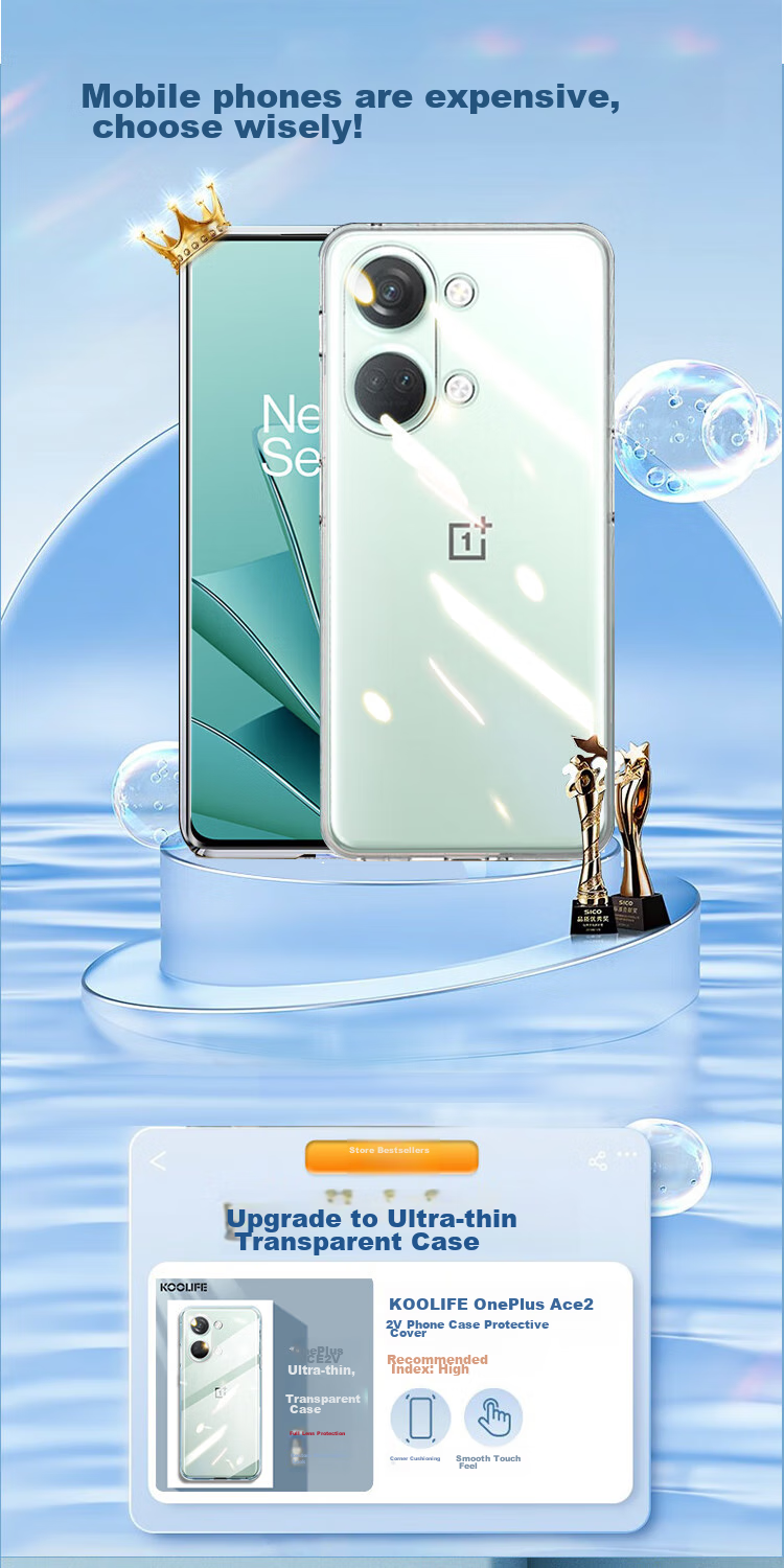 Противоударный чехол KOOLIFE для OnePlus Ace 2V, прозрачный, с защитой камеры, тонкий, устойчивый к отпечаткам пальцев