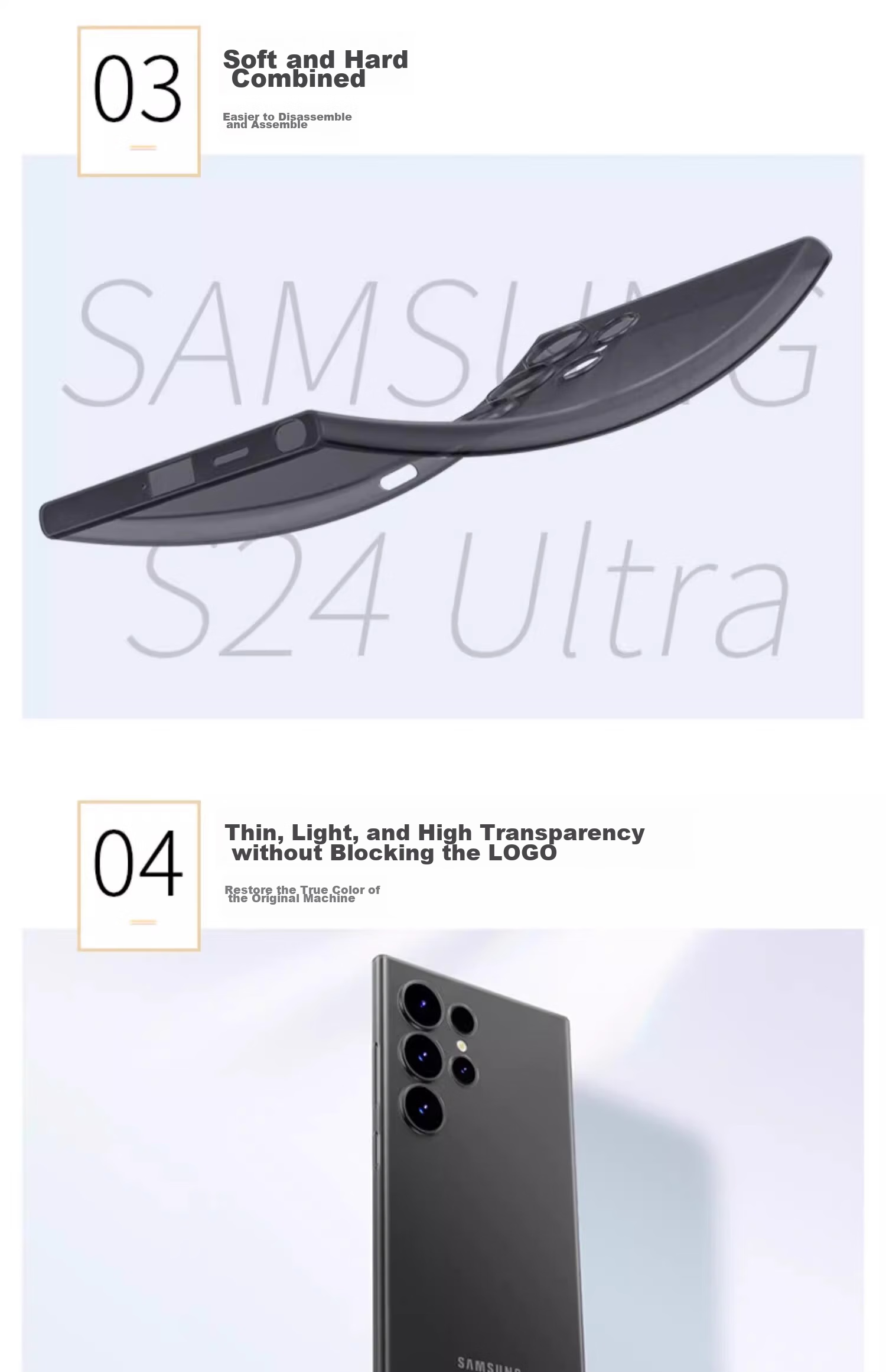 Чехол EDDGA для Samsung S24 Ultra, ультратонкий матовый полупрозрачный, с защитой всех камер, противоударный, прозрачно-белый