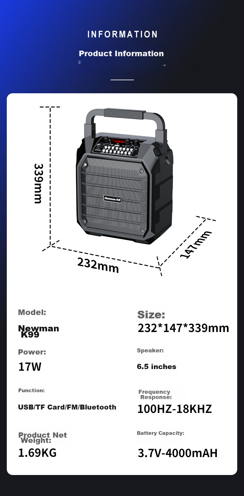 Портативная колонка Newmine K99, беспроводная, Bluetooth 5.0, с микрофоном, 17 Вт, 4000 мАч, 6.5 дюймов, черный