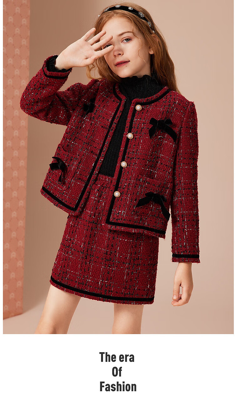 Детский комплект ASK JUNIOR для девочек, осенне-зимний, в стиле Chanel, с юбкой, новогодний костюм, красный, размер 170