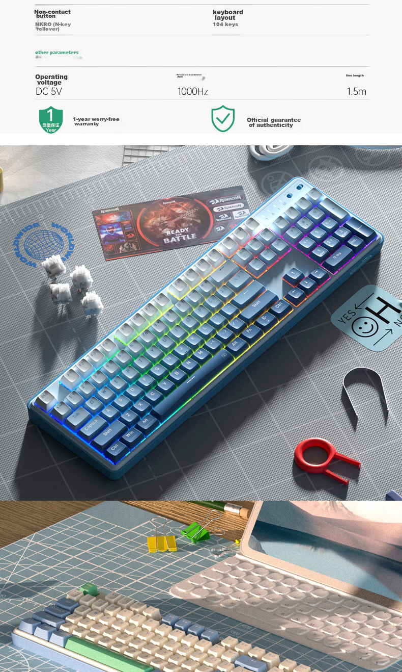 Механическая беспроводная клавиатура REDRAGON KS104, 104 клавиши, Bluetooth, RGB подсветка, красные переключатели, белый с синим