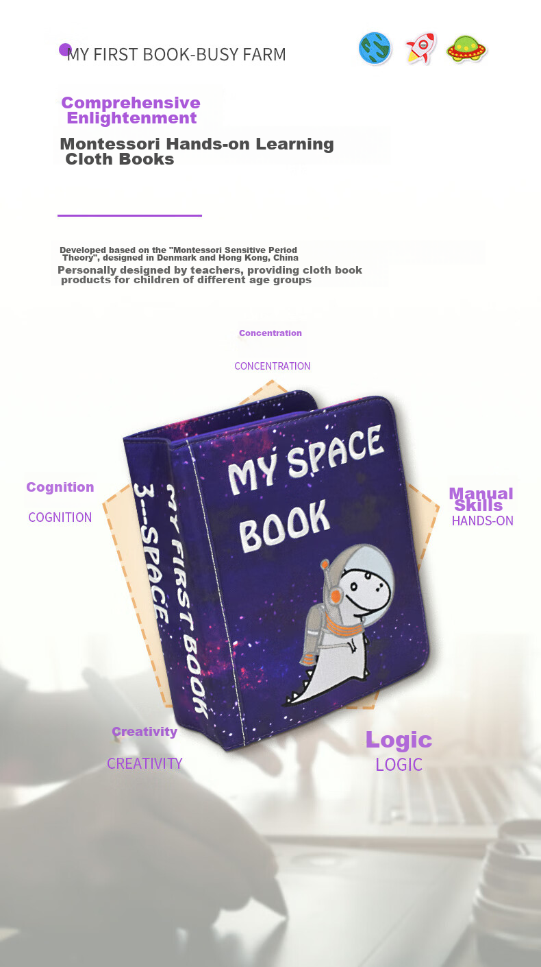 Развивающая книжка MY FIRST BOOK, для малышей от 1 года до 6 лет, тканевая, подарочная коробка, космическая тематика, фиолетовая