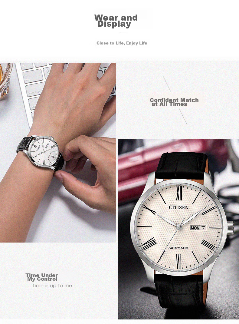 Мужские механические часы Citizen NH8350-08A с кожаным ремешком, автоматический механизм, дата, водозащита 50м