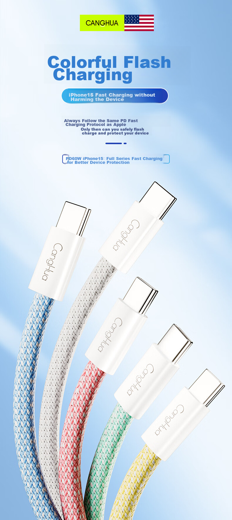 Кабель CangHua Type-C to Type-C, 2 метра, белый, PD 60W, для iPhone 17/16/15, планшетов