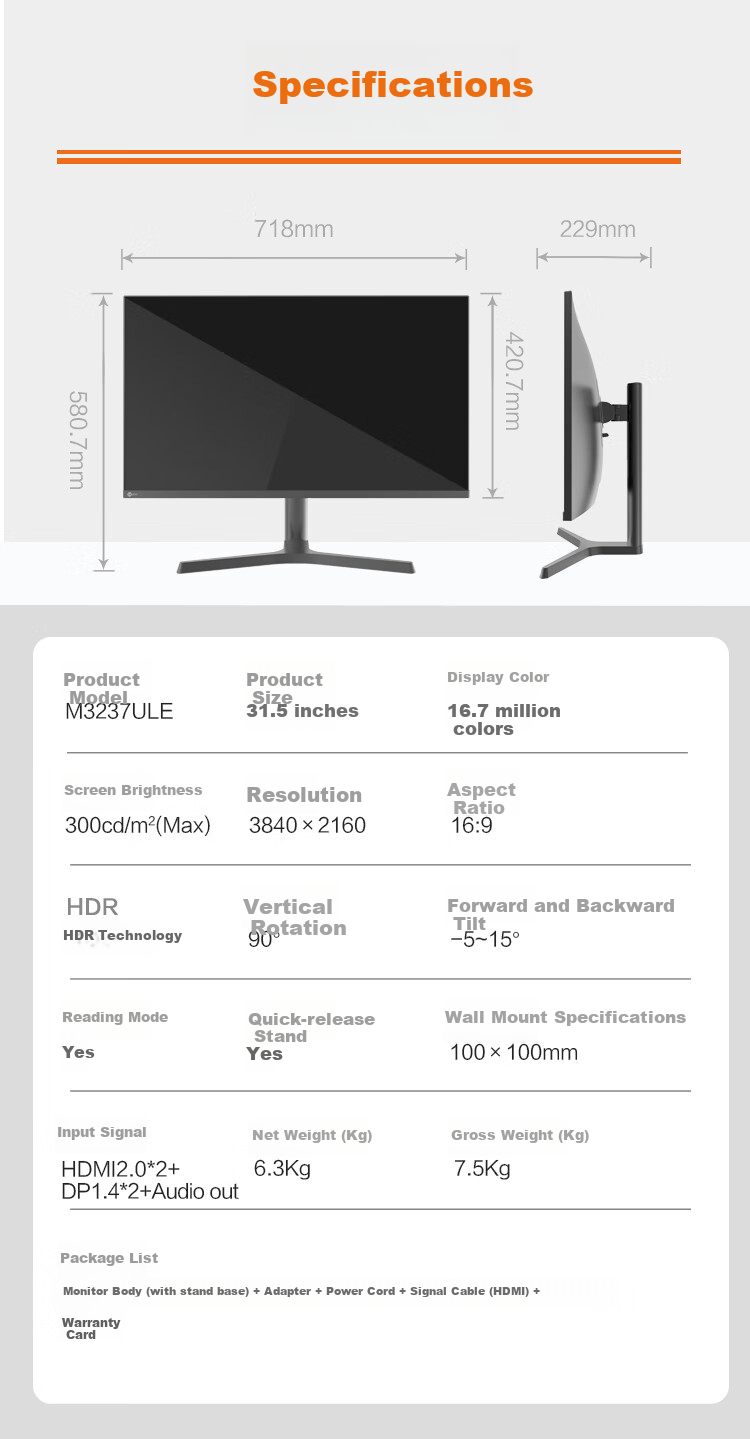 Монитор Lecoo Lenovo 31.5-дюймовый 4K HDR с регулируемой подставкой