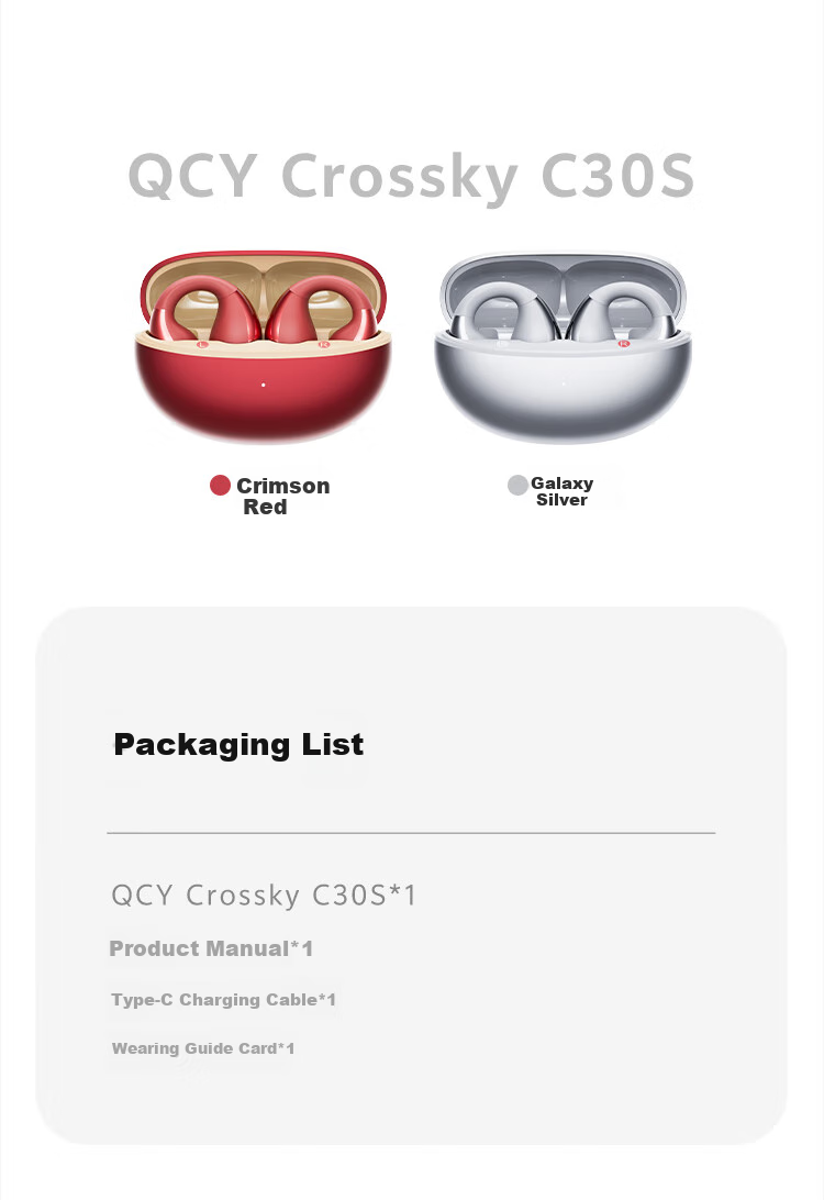 Беспроводные наушники QCY Crossky C30S с зажимом на ухо, открытого типа, Bluetooth 6.0, 40 часов работы, серебристый