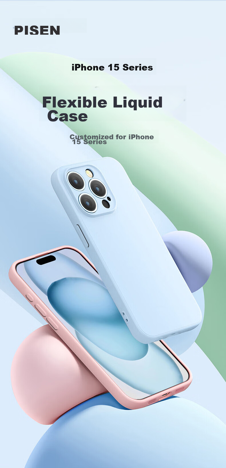 Чехол PISEN для iPhone 15, гибкий жидкий силикон, полная защита, противоударный, приятный для кожи, тонкий, мягкий чехол, черный