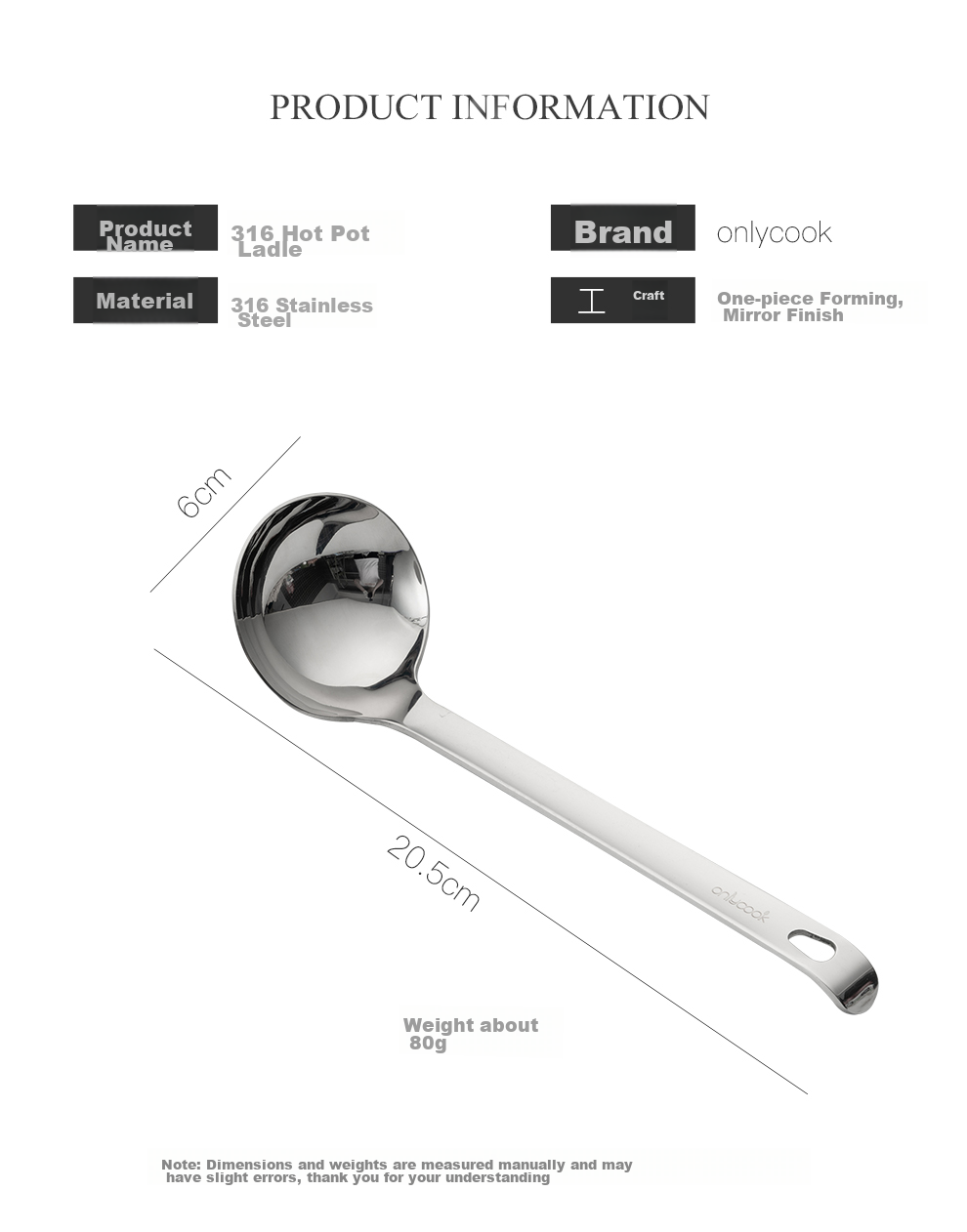 Onlycook 316L Нержавеющая сталь, большая суповая ложка для горячего горшка, бытовая сервировочная ложка для риса, каши, лапши, супа и блюд