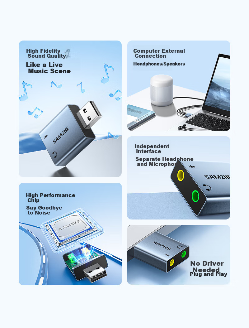 Внешняя звуковая карта SAMZHE USB на 3.5 мм, аудиоинтерфейс, конвертер для наушников и микрофона, без драйверов, для ПК, ноутбуков, PS4/5