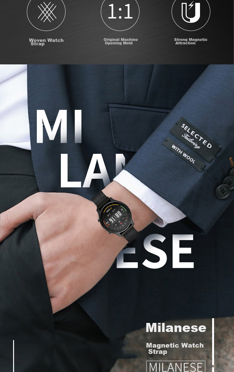 Ремешок ESCASE Milanese Loop для Xiaomi Watch Color 1/2, нержавеющая сталь, магнитная застежка, черный