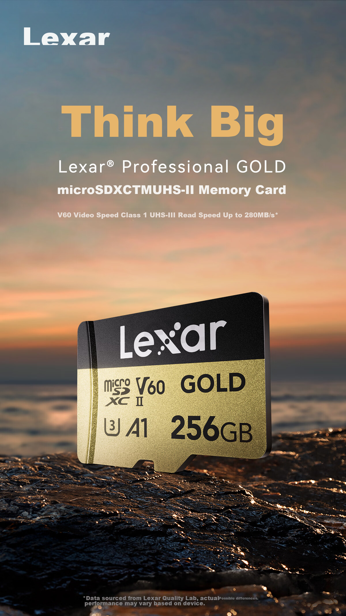 Карта памяти Lexar 256GB TF (MicroSD) U3 V60 A1, скорость чтения 280 МБ/с, записи 180 МБ/с, для 4K Ultra HD записи (GOLD)