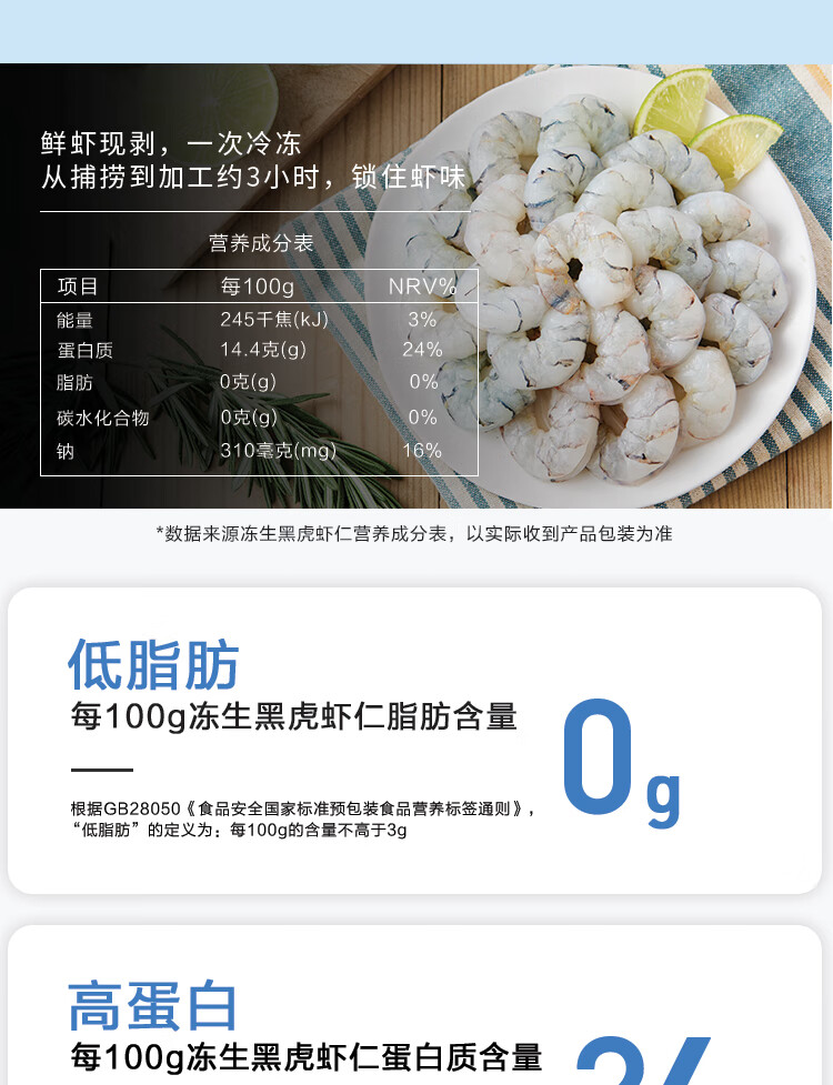 京东生鲜 黑虎虾仁 500g 45-55个/袋 高蛋白 海鲜 去虾线 轻食