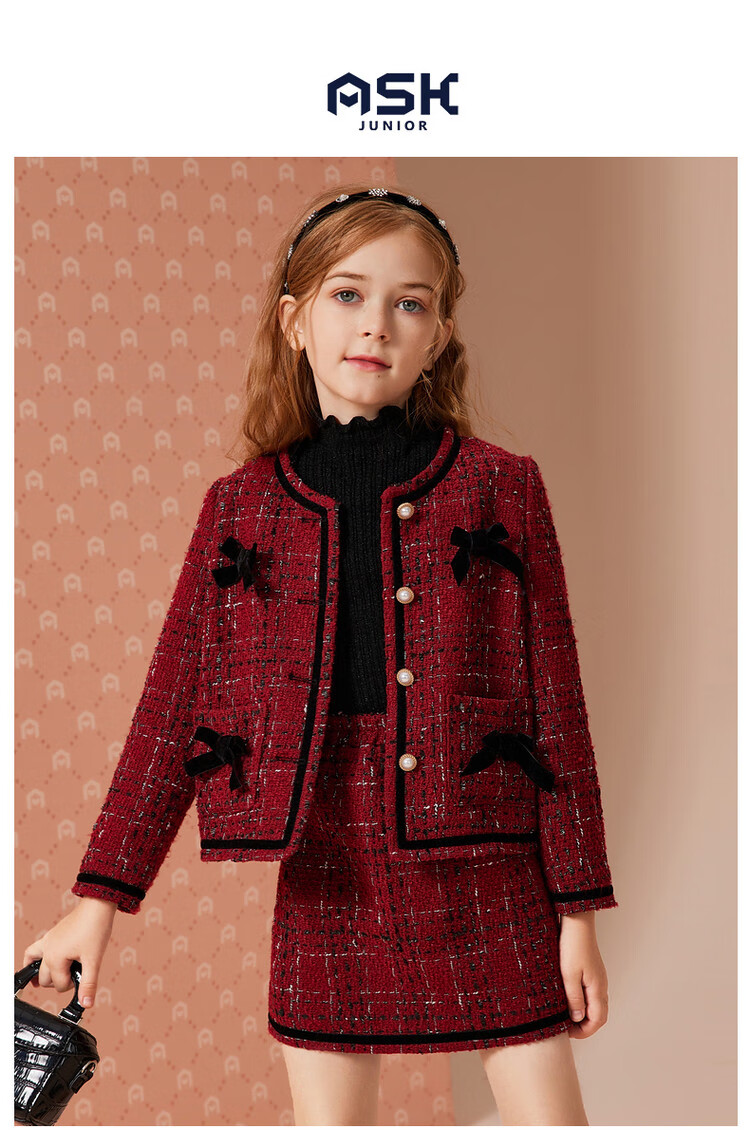 Детский комплект ASK JUNIOR для девочек, осенне-зимний, в стиле Chanel, с юбкой, новогодний костюм, красный, размер 170