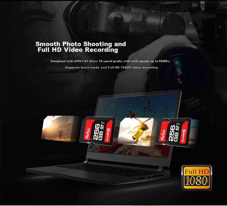 Карта памяти Netac 256GB SD U1 C10, скорость чтения до 90 МБ/с, для фото- и видеосъемки в Full HD, для цифровых камер и видеокамер