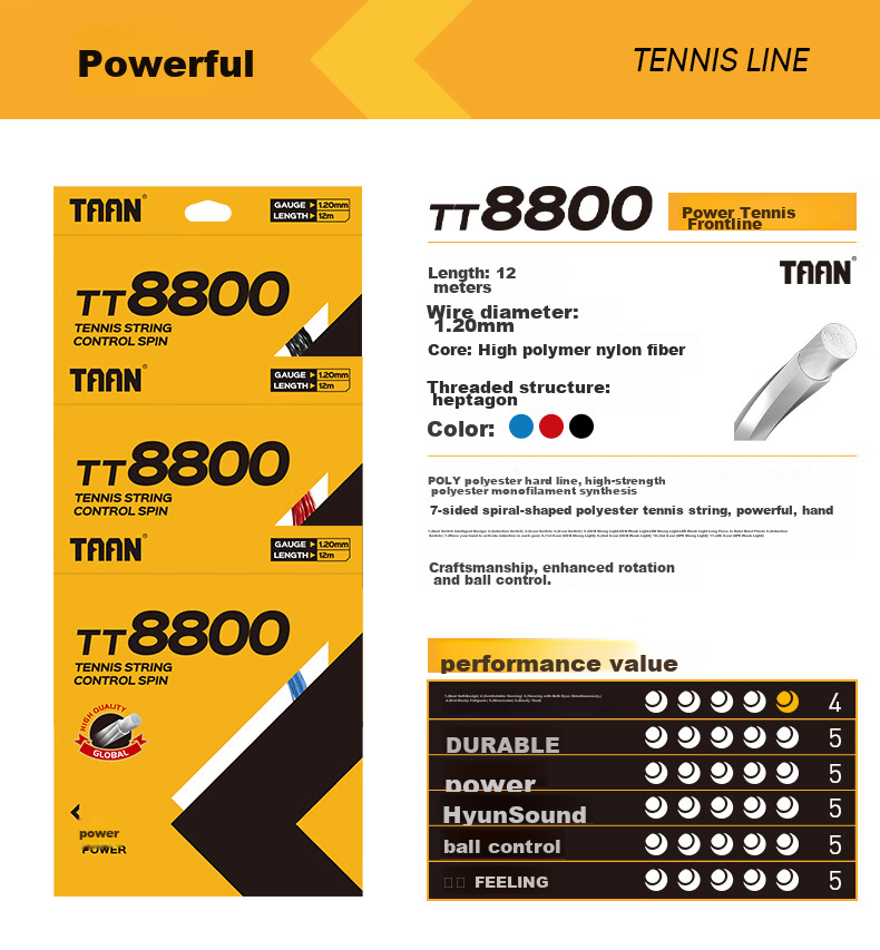 Струны для тенниса Taan TT8800, полиэстер, 12 м, синие