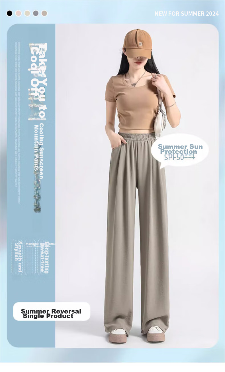 Женские брюки LangSha Ice Silk Wide-Leg Pants, летние, легкие, защищающие от солнца, с высокой талией, драпирующиеся, ленивого стиля, прямые, повседневные женские брюки