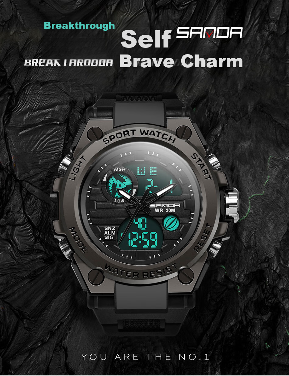 Мужские часы SANDA 739 Black Silver, спортивные электронные часы с будильником, водонепроницаемые до 30м, двойной дисплей