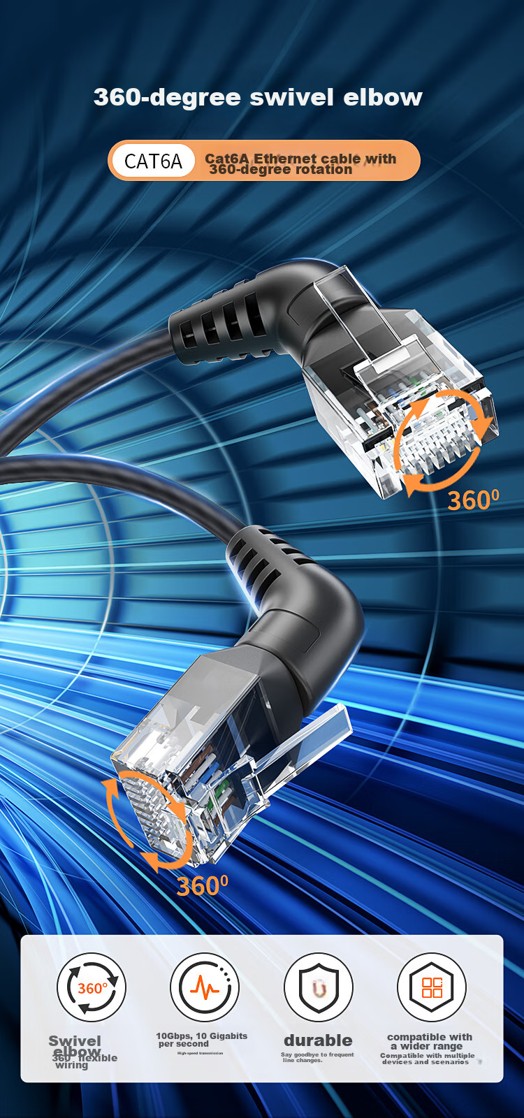 Сетевой кабель CABLE CREATION CL0372, тонкий CAT6A, 10 Гбит/с, 360-градусный правый угол, 1 м