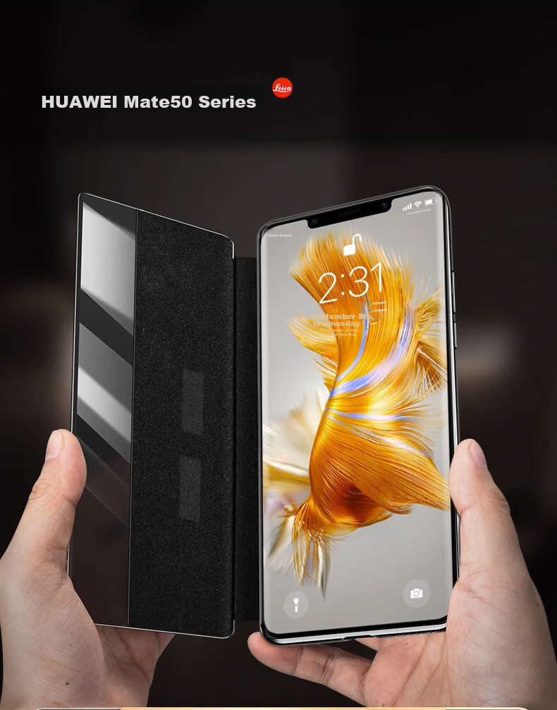 Чехол-книжка Eddga "Chuan Lian Jin Bao" для Huawei Mate50 Pro, флип-обложка с окном для просмотра уведомлений, полная защита, ударопрочный, натуральная кожа, с функцией "сон/пробуждение", черного цвета