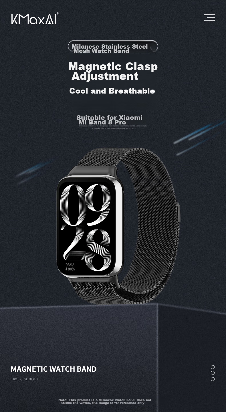 Ремешок KMaxAI Milanese для Xiaomi Mi Band 9/8 Pro, Redmi Watch 6/5/4, нержавеющая сталь, магнитная застежка, серебристый