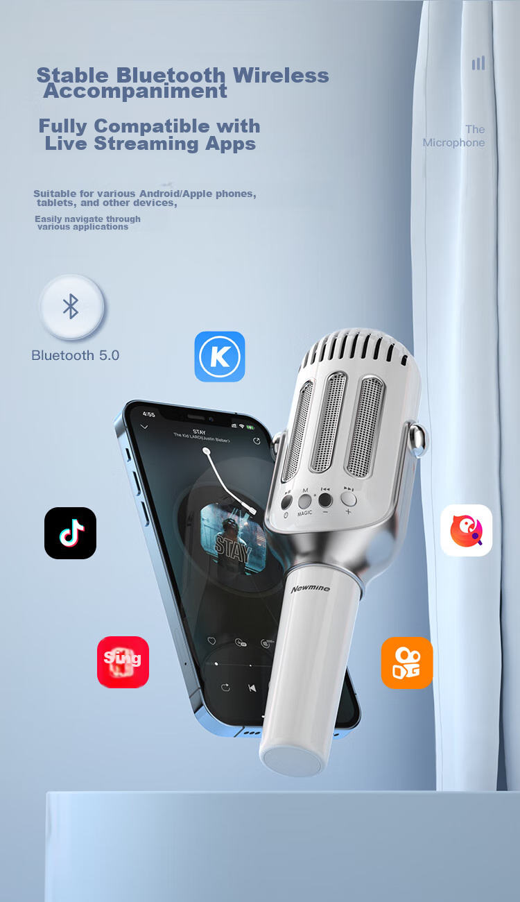 Беспроводной микрофон Newmine H49 с встроенной звуковой картой, Bluetooth караоке система, портативный микрофон для пения K-POP, детская игрушка, розовый