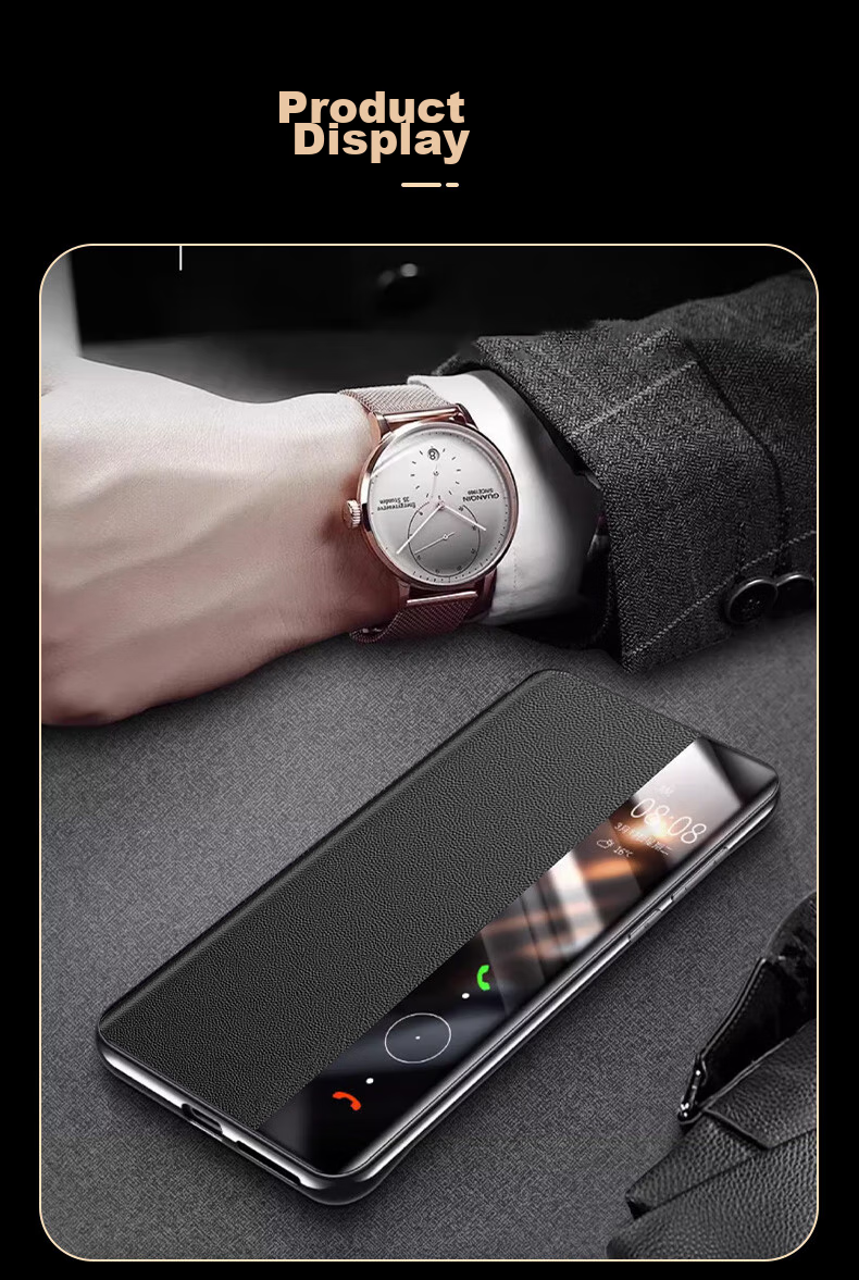 Чехол-книжка KOOLIFE из натуральной кожи для Huawei Mate60 Pro, с окном для просмотра уведомлений, противоударный, бизнес-стиль, черный