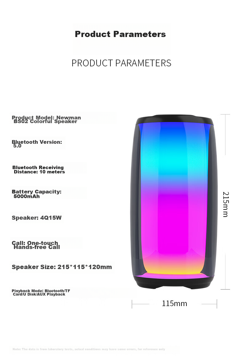 Портативная Bluetooth-колонка Newmine BS02, полноэкранная цветная подсветка, мини-сабвуфер, водонепроницаемая, для улицы и дома