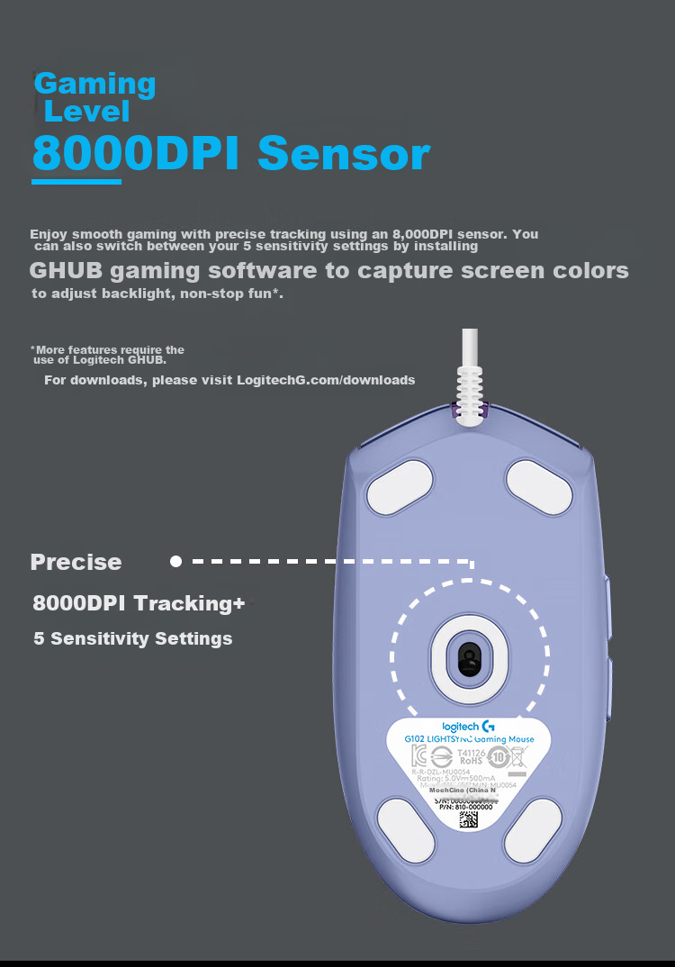 Игровая мышь G G102 второго поколения, RGB подсветка, 8000 DPI, черный