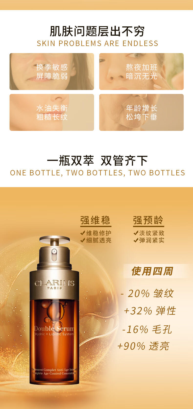 娇韵诗CLARINS双萃赋活修护精华75ml第八代黄金焕活面部肌底液