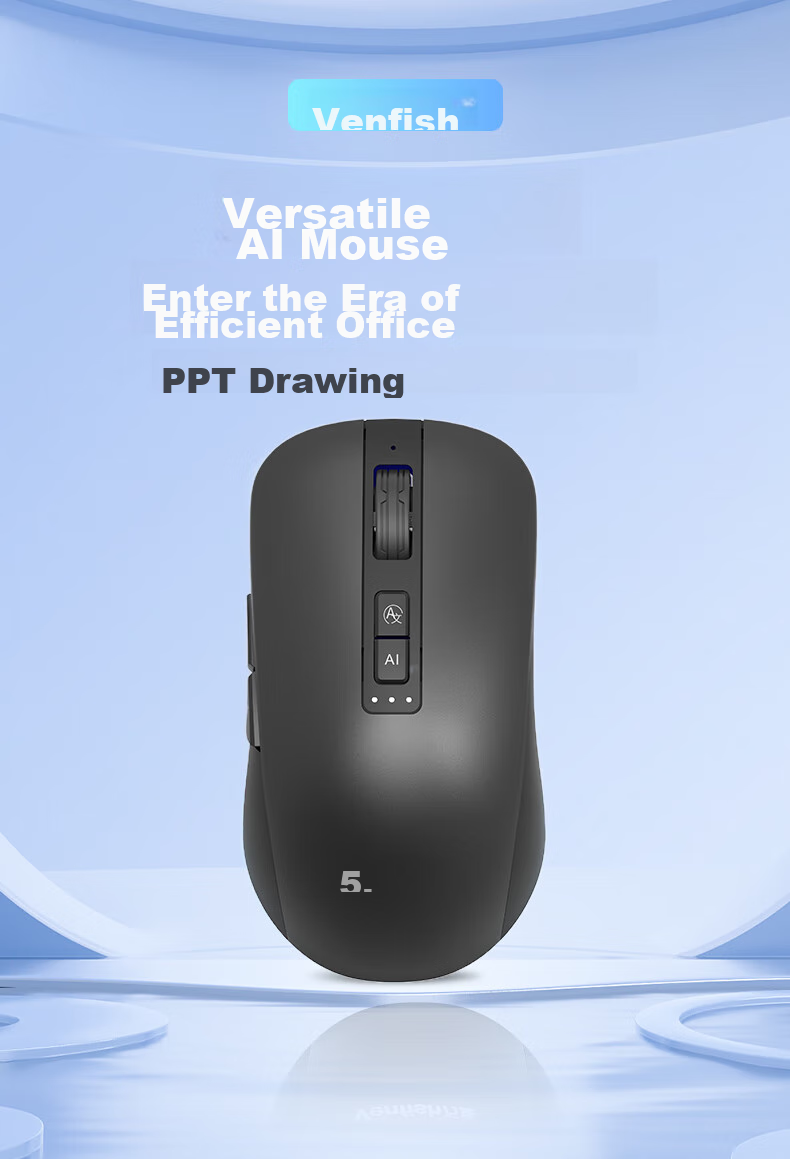 VENFISH AI Smart Voice Mouse S8 Беспроводная Bluetooth Офисная Мышь с ИИ, Генерация PPT, Чтение текста, Перевод, Черная