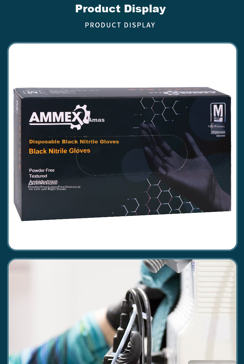 Одноразовые нитриловые перчатки AMMEX, 100 шт., размер L, утолщенные, прочные, для защиты лаборатории, черные перчатки для кухни